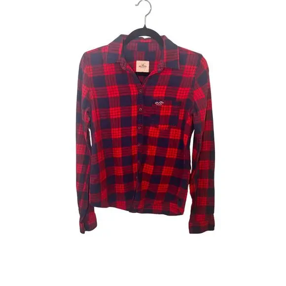 Hollister Womens Red Navy Plaid Flannel Shirt Button Up Long Sleeve Casual M - Picture 6 of 6